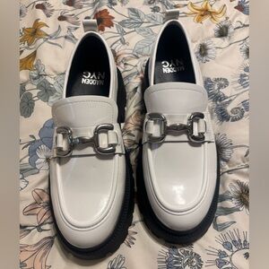 White Chunky Loafers with Silver Buckle